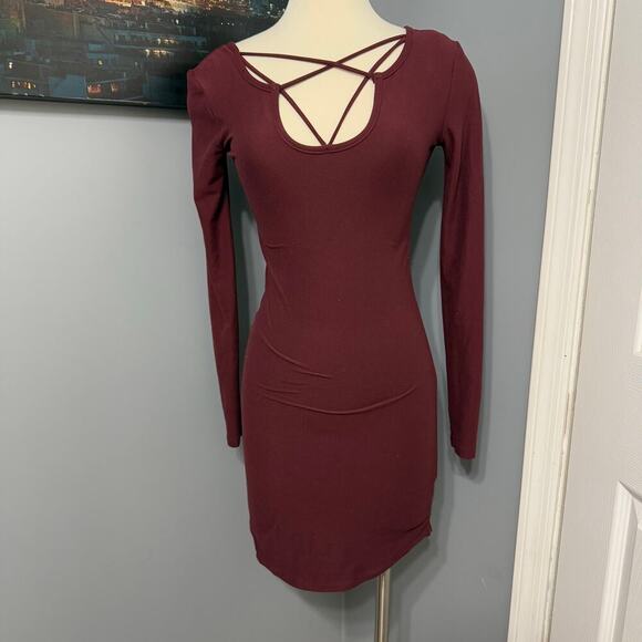 Derek Heart Bodycon Long Sleeve Midi Dress, Burgundy, S - Picture 1 of 5